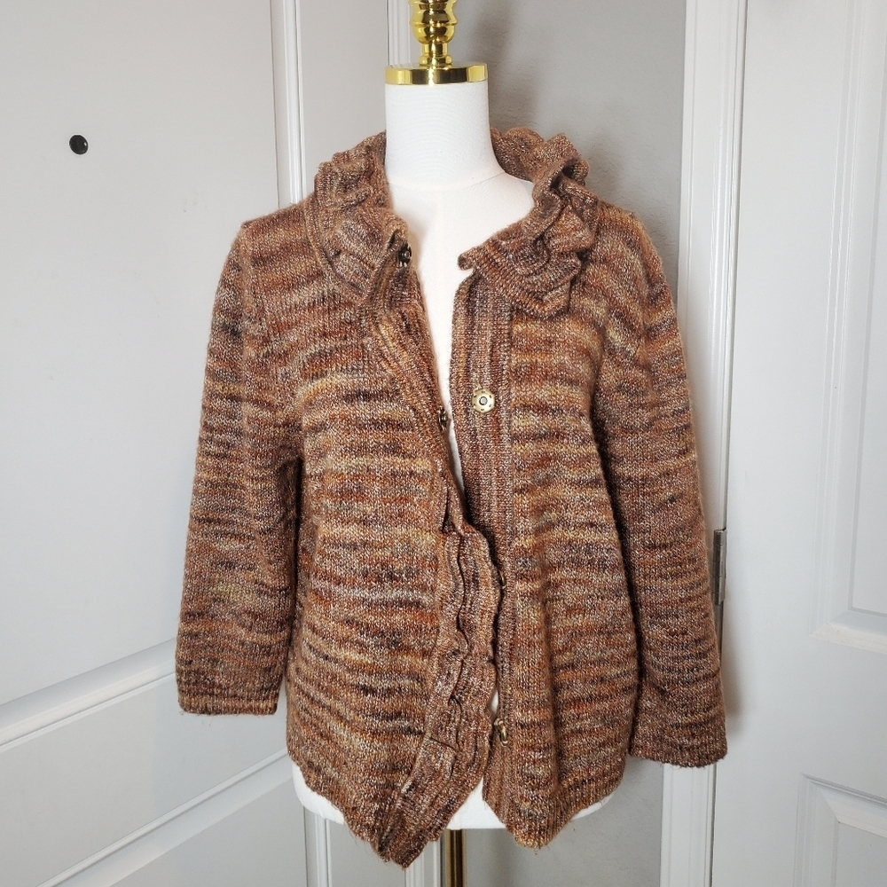 Ruby Rd. Brown Rust Women's Ruffle Button Front Cardigan Sweater Size Medium - Picture 9 of 16